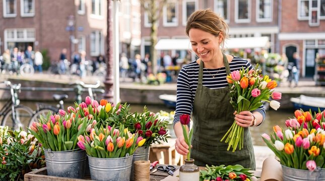 Active people running their small private business. A happy female florist holds a beautiful bouquet at her sunny flower stall.