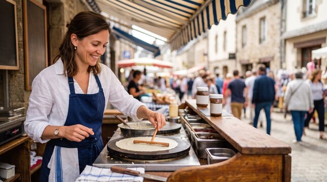 Active people running their small private business. A dedicated female vendor cooks a large flat crepe at her street food stand.