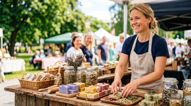 Active people running their small private business. A cheerful female vendor displays fragrant handmade soaps at her stand.