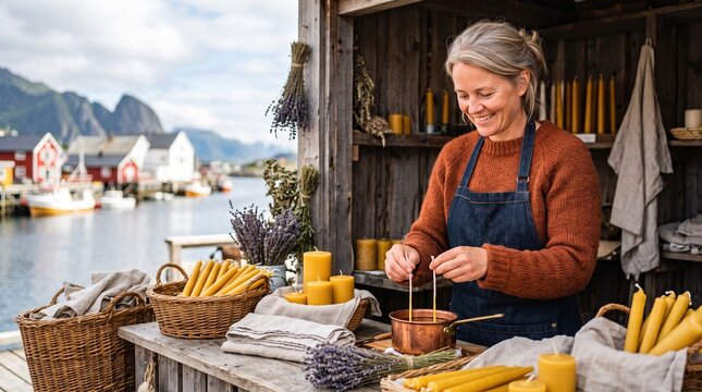 Active people running their small private business. A smiling female artisan arranges tall handmade candles at her stall.