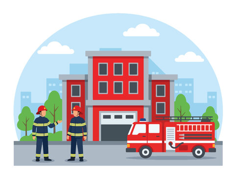 Flat style vector illustration of two firefighters standing outside a fire station with a fire truck, perfect for emergency services, public safety, rescue, and teamwork