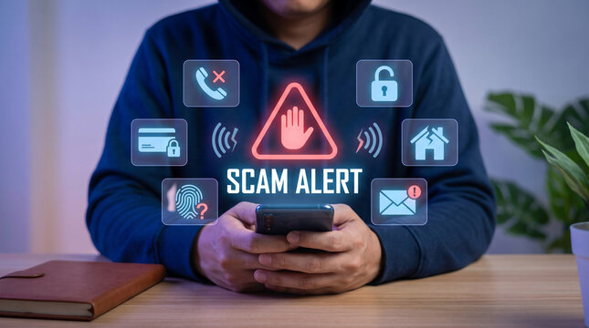 A person views a mobile phone displaying scam alert icons and warnings fraudulent cybercrime digital