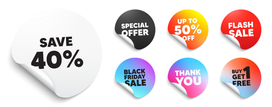 Discount sticker tag. Special offer paper price tags. Save 40 percent off tag. Sale Discount offer price sign. Special offer symbol. Discount, black friday sticker. Promo banner. Vector
