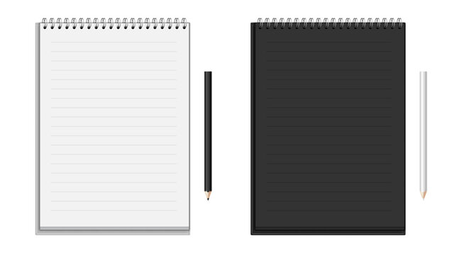 Vector illustration of light and dark paper notepads with pencils. Realistic mockup or template, isolated on white background