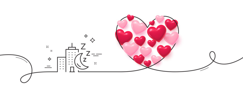 Night city line icon. Continuous line big heart. Skyscraper sleep sign. Building with moon symbol. 3d hearts in heart shaped loop. Night city single line ribbon. Loop curve pattern. Vector