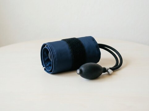 Blood pressure monitor cuff with pump bulb on tabletop