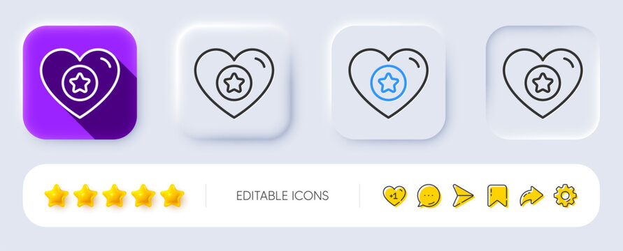 Heart and Star line icon. Neumorphic, Flat shadow, 3d buttons. Favorite like sign. Positive feedback symbol. Line heart icon. Social media icons. Vector