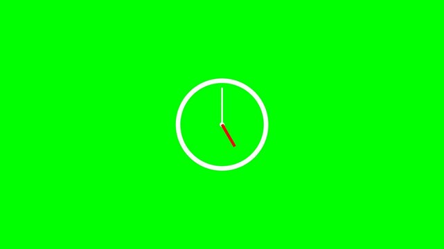 Animated clock face with moving hands on a green screen background.