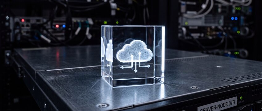 Transparent glass cube with glowing cloud icon resting on metal server node housing representing cloud computing storage and services.