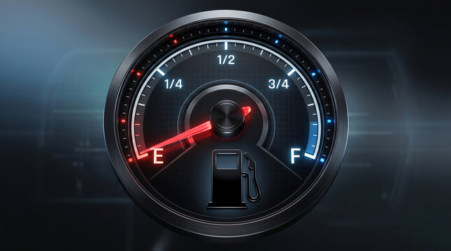 A close up view of a vehicle fuel gauge showing the red indicator needle pointing at empty