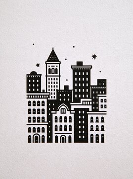 Monochrome city skyline illustration with central tower on textured paper