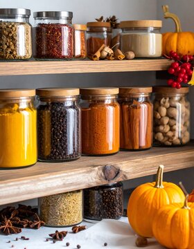 Wooden Shelves Filled With Various Spices and Gourds in Autumn Colors