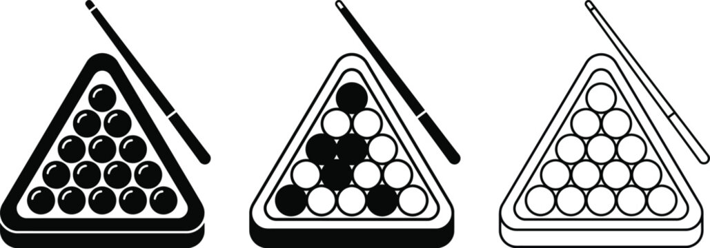 Billiard balls in triangular racks with cue sticks graphic icons billiard rack pool table cue stick billiard game