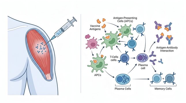 Immune response to vaccine showing antibody production mechanism diagram, explaining how a shot stimulates t, plasma, and memory cells for immunity against disease.