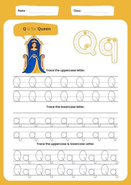 Educational worksheet for children to practice writing and tracing uppercase and lowercase letter Q. Printable handwriting practice activity page designed for preschool, kindergarten, and early elemen