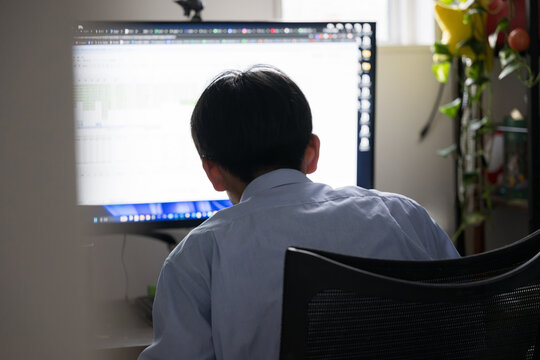 パソコンに向かって自宅学習する高校生、大学受験に向けて予備校や、eラーニング、オンライン教材で勉強する学生の後ろ姿