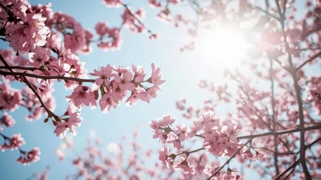 Pink Cherry Blossom Branch, Sunlight, Blue Sky, Spring Garden Beauty and Tranquility
