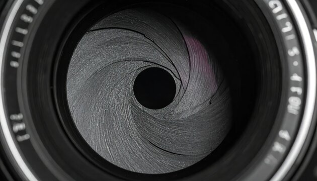 Extreme close up of photographic camera lens aperture iris blades.
