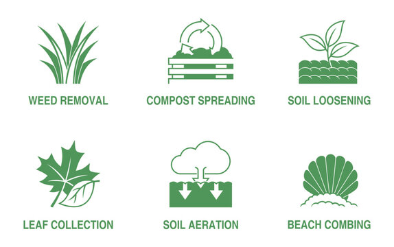 Gardening tool purposes icon set in monochrome style