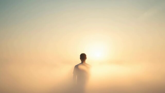 Man Silhouette Facing Foggy Sunrise Horizon in Solitude, Quiet Reflection Amid Misty Landscape
