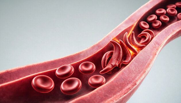 Sickle cell anemia concept showing deformed red blood cells blocking vessel flow in human circulatory system