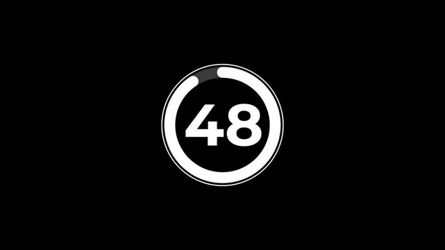 Digital circle countdown timer one hundred seconds animation from 53 to 0 seconds on black background, 53 second countdown timer concept, 53 seconds simple countdown timer animation