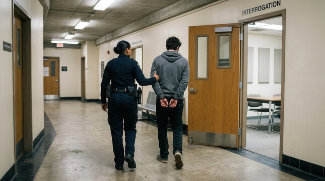 Police Officer Escorting Handcuffed Suspect Down Hallway Towards Interrogation Room