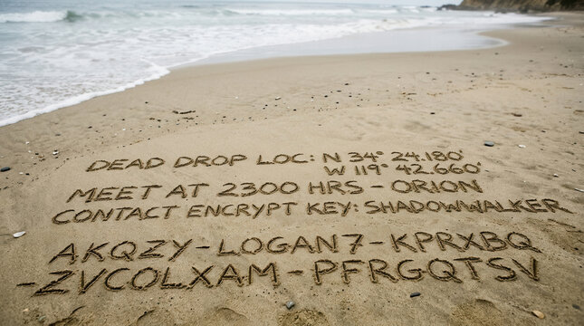 Secret Message Written In Sand On A Beach With Ocean Waves In The Background
