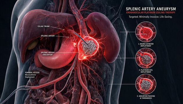 Splenic artery aneurysm treatment with endovascular platinum coiling therapy shown in medical illustration