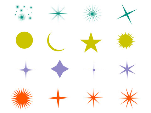 Colorful sparkle stars vector set featuring bright suns, crescent moon, glowing sparkles, and celestial burst icons isolated on white background