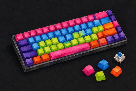 Watercolor illustration of a colorful compact mechanical computer keyboard with loose keycaps on a dark background