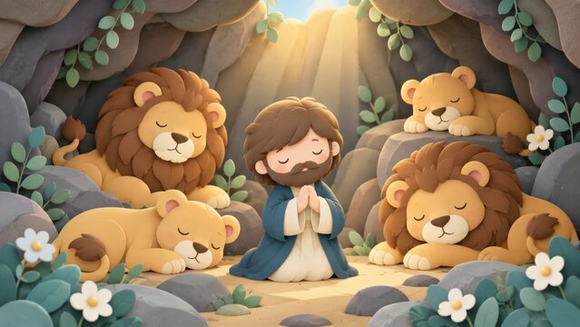 Cartoon biblical illustration Daniel praying peacefully in lions&rsquo; den, divine protection miracle, spiritual design for Easter, Christmas, faith and courage celebrations