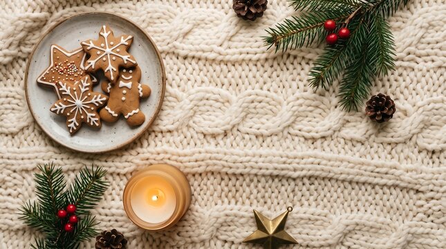 Cozy Christmas Flat Lay with Gingerbread Cookies
