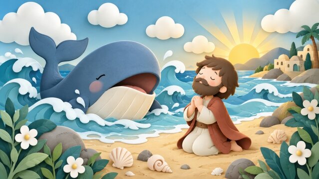 Cartoon biblical illustration Jonah praying on shore as whale emerges, divine deliverance miracle, spiritual design for Easter, Christmas, faith and family celebrations
