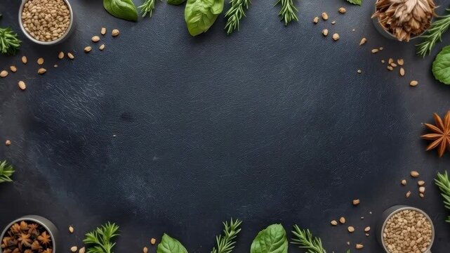 Rustic Herb Spice Border with Basil Bowl on Dark Slate Background Surface
