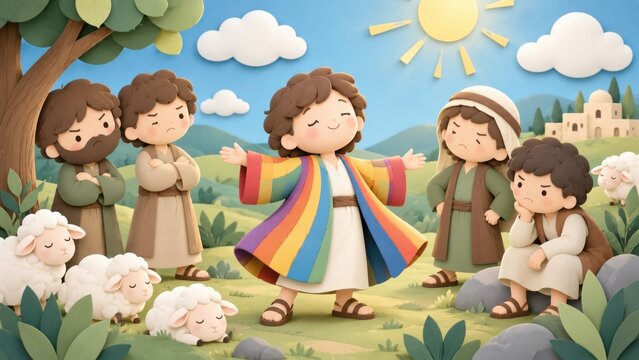 Cartoon biblical illustration Joseph with coat of many colors among brothers and sheep, joyful spiritual design for Easter, Christmas, faith and family celebrations