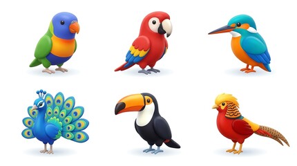 Fototapeta premium Colorful Cartoon Bird Collection Featuring Parrot Toucan Peacock and More in Bright Vibrant Style