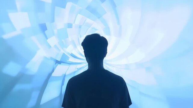 Silhouette Person Entering Abstract Tunnel with Blue Purple Digital Light Creating Wonder