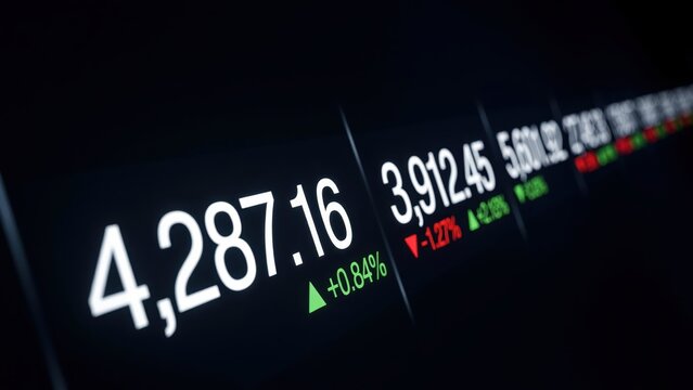 Digital financial stock market ticker display with price data and trends