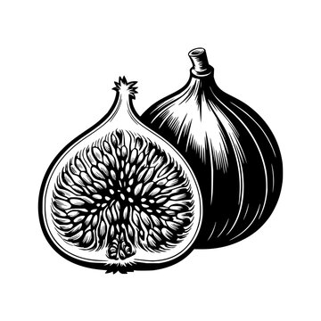 Botanical illustration of a fresh fig fruit showing a whole specimen and a longitudinal cross section revealing internal seeds in a vintage engraving style