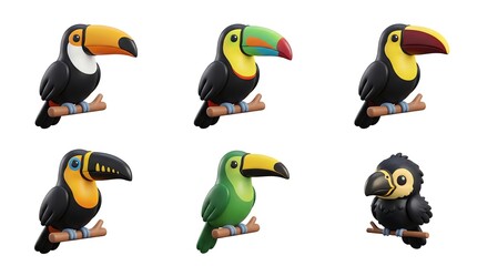 Fototapeta premium Set of Six Colorful Cartoon Toucan Bird Figurines in Different Styles