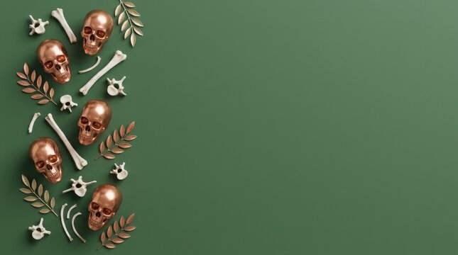 Copper skulls and bones arranged with golden leaves on a dark green background