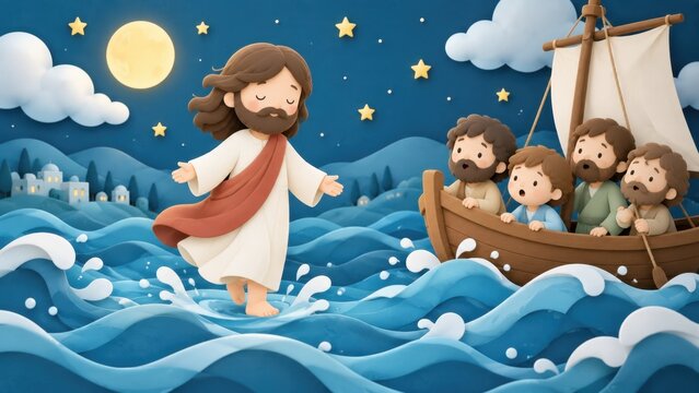 Cartoon biblical illustration miracle Jesus walking on water at night, disciples watching from boat, spiritual design for Easter, Christmas, faith celebrations