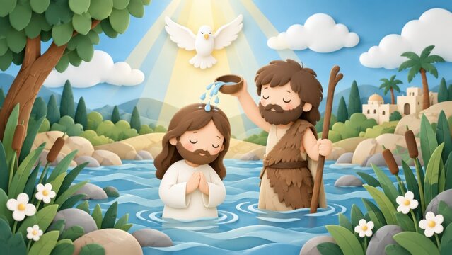 Cartoon biblical illustration baptism of Jesus by John the Baptist in river, dove descending with divine light, spiritual design for Easter, Christmas, Baptism feast and faith celebrations