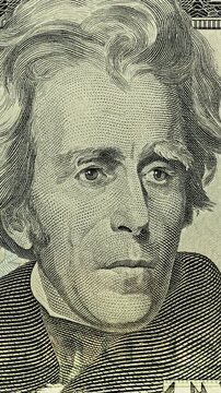 Andrew Jackson dollar portrait with moving green light. U.S. dollar portrait of Andrew Jackson receives slow green sweep from above. Banknote face changes tone in security image effect.