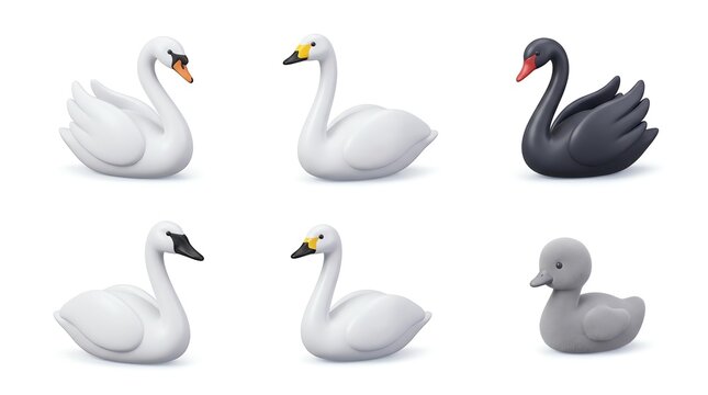Collection of Six Swans and Duck Figurines in White and Black Colors on Plain White Background