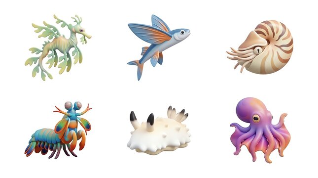Collection of Colorful Cartoon Sea Creatures and Marine Animals on White Background