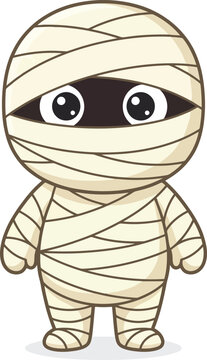 A cute cartoon mummy character wrapped in bandages with large expressive eyes.