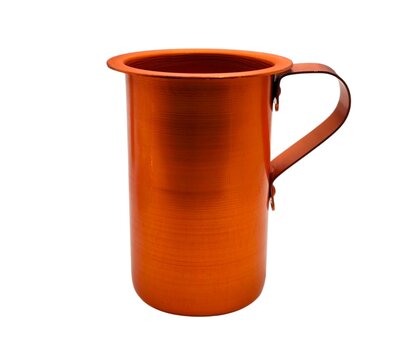 Photo of a traditional Greek orange anodized aluminum wine pitcher (oinometro), commonly used in tavernas to serve house wine, isolated on white background.