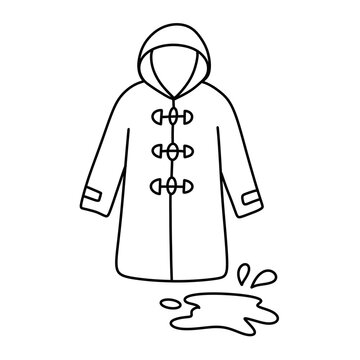 Raincoat in a puddle, autumn clothing outline vector illustration
